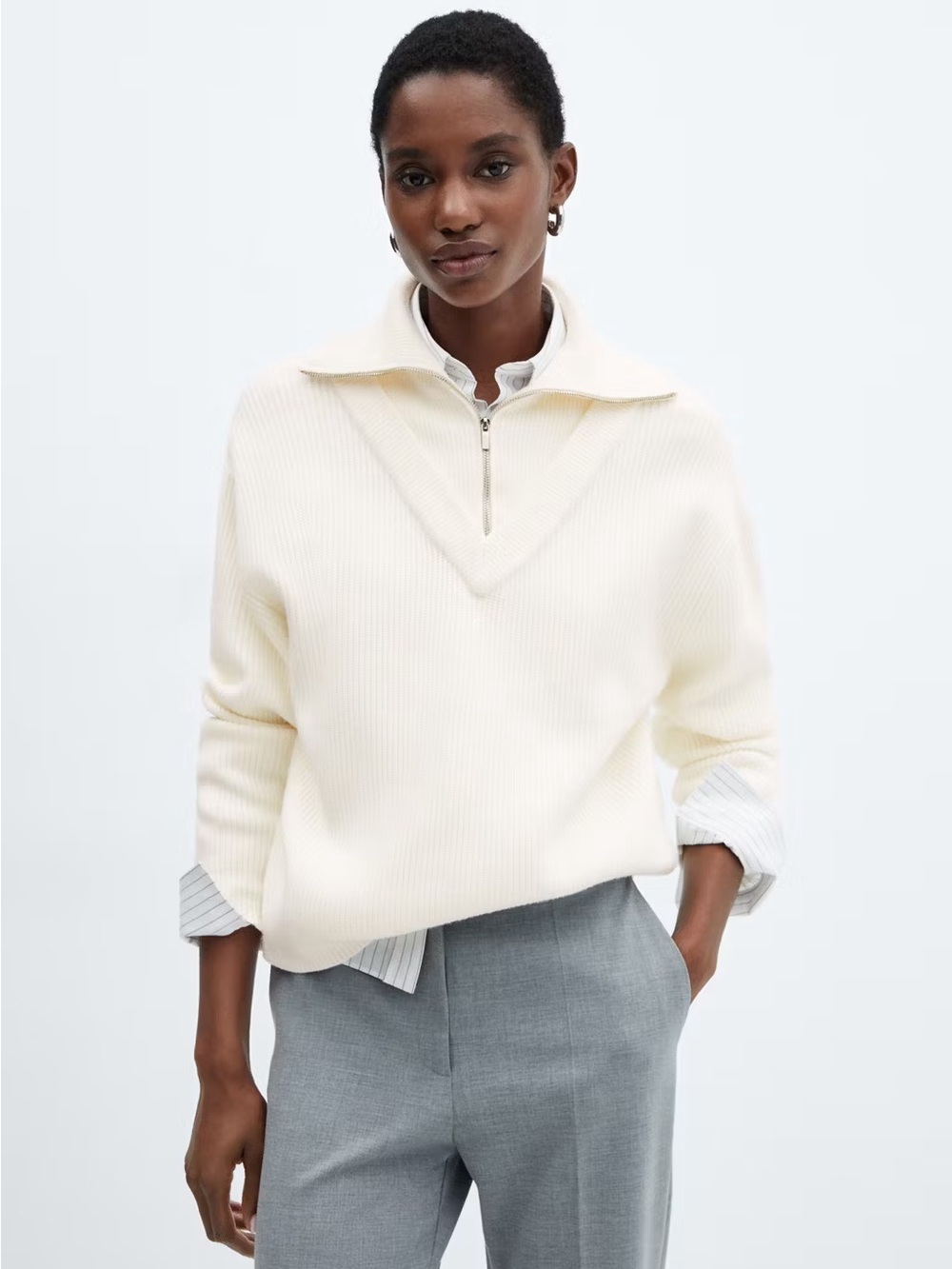 Mango Cream Half-Zip Ribbed Pullover Sweater size Medium